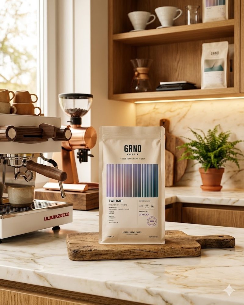 GRND Koffie zak naast een espressomachine en molen op een marmeren aanrecht